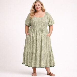 Lea Womens 3XL Dress Midi Cottagecore Smocked Puff Sleeve Green Coquette New